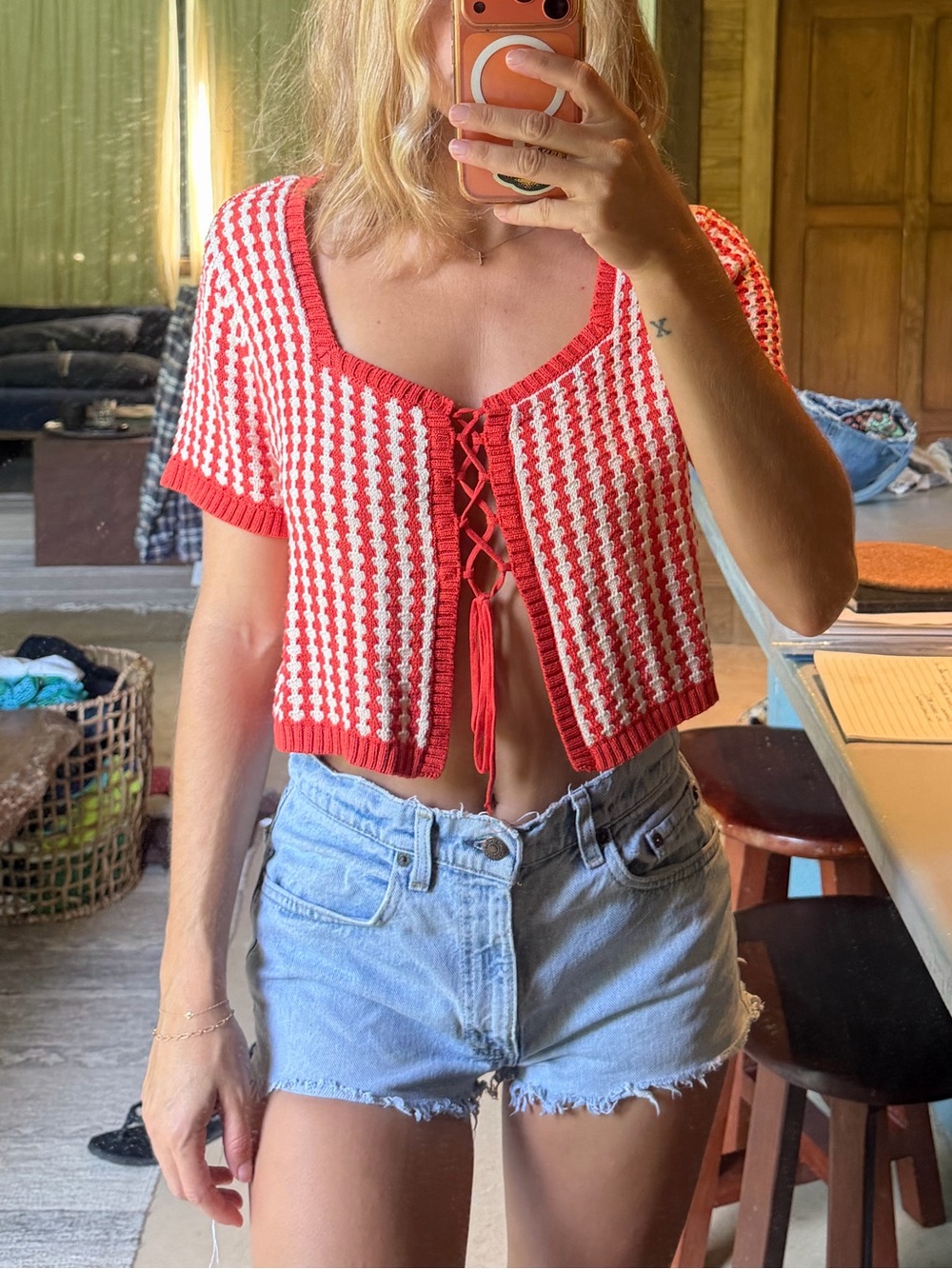Sage Red and White Knit Tie-Front Crop Top